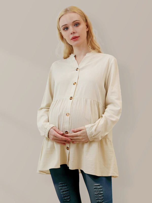 Women’s Tiered Design Button Front V Neckline Long Sleeves Maternity Shirt Top - By Baano