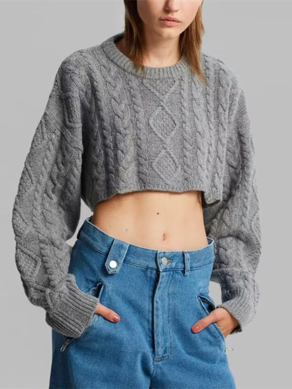 New elegant and fashionable women's rhombus braided short navel-baring knitted sweater