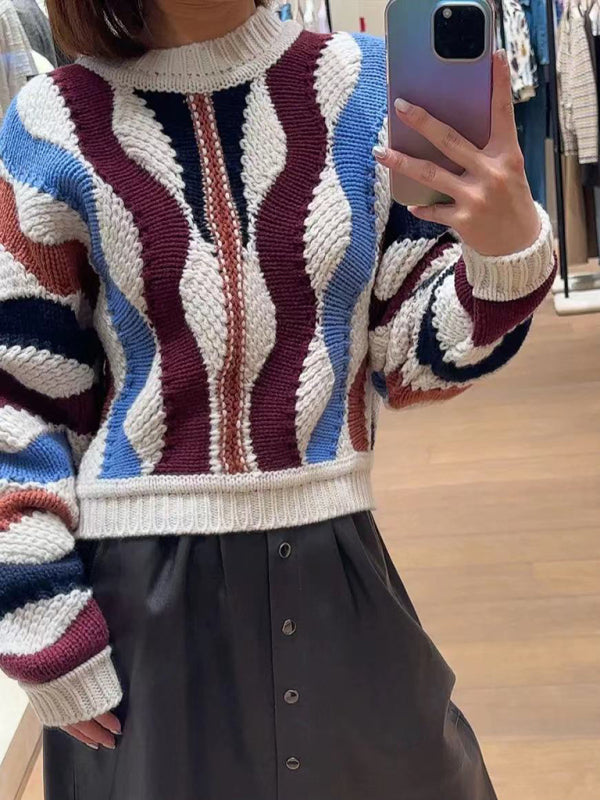 New French style lazy style striped patchwork pullover round neck sweater
