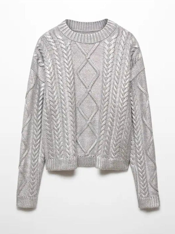 New fashionable metallic ribbed cable knitted eight-ply long-sleeved elegant pullover sweater