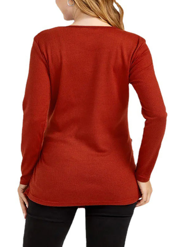 Women’s Crewneck Long Sleeves Designed Ruched Side Buttons Maternity Sweater - By Baano