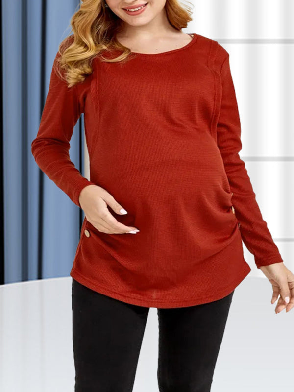 Women’s Crewneck Long Sleeves Designed Ruched Side Buttons Maternity Sweater - By Baano