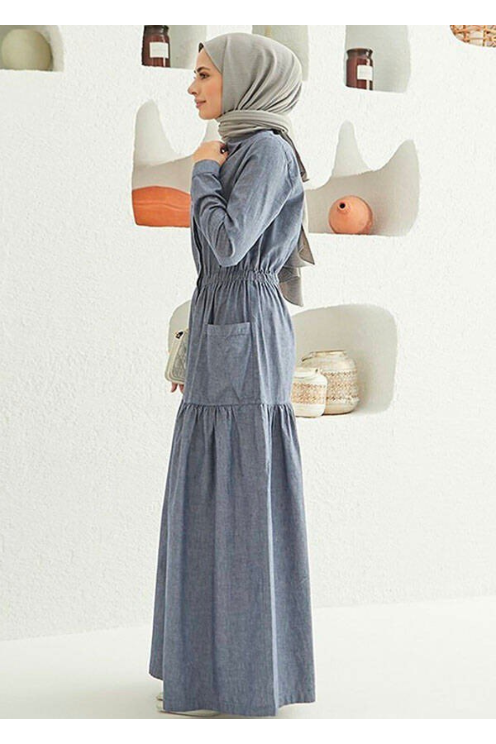 Muslim Women's Long Sleeve Maxi Dress with Tiered Skirt - Modest Design Maxi Dress By Baano 42 Gray Denim 