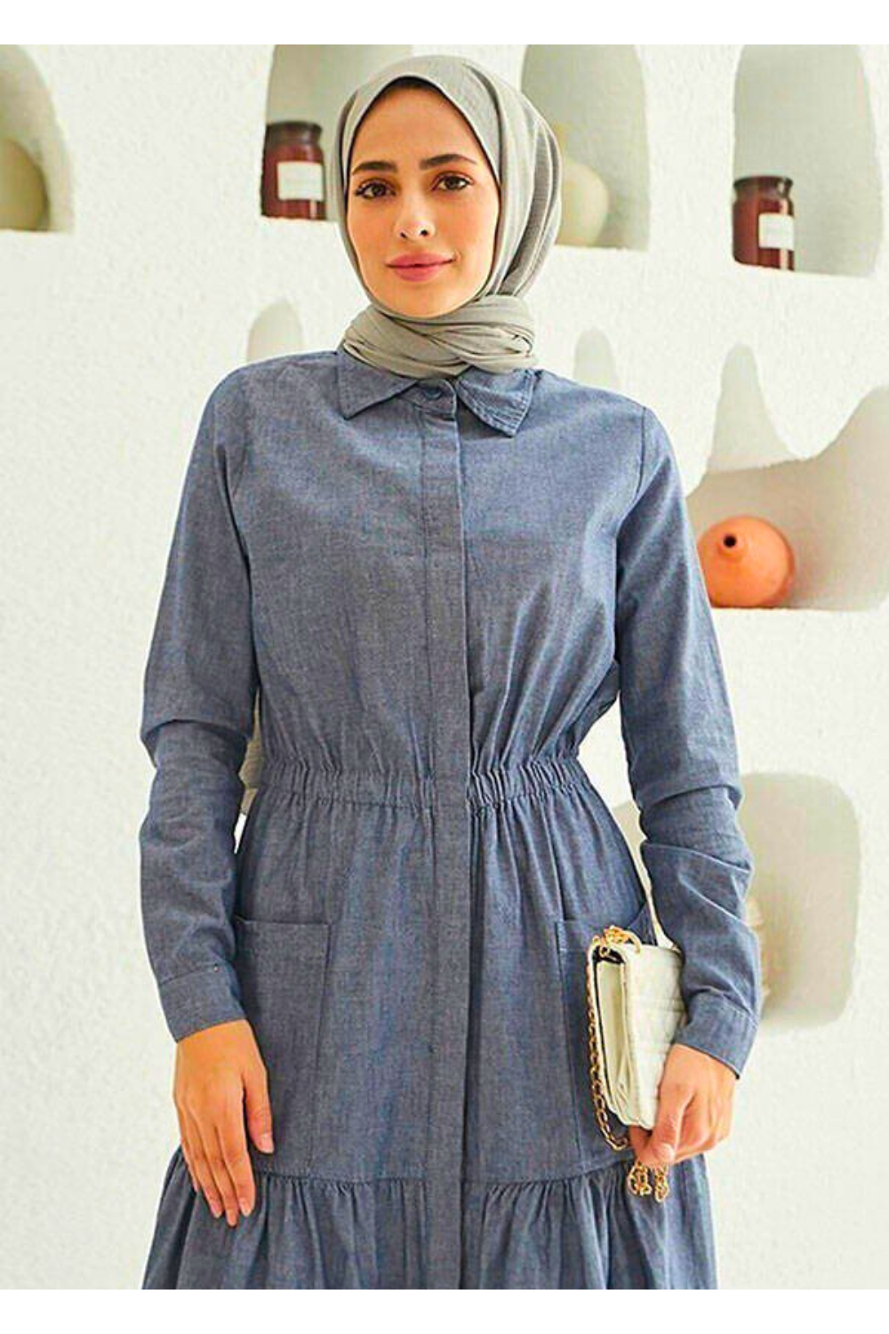 Muslim Women's Long Sleeve Maxi Dress with Tiered Skirt - Modest Design Maxi Dress By Baano 40 Gray Denim 