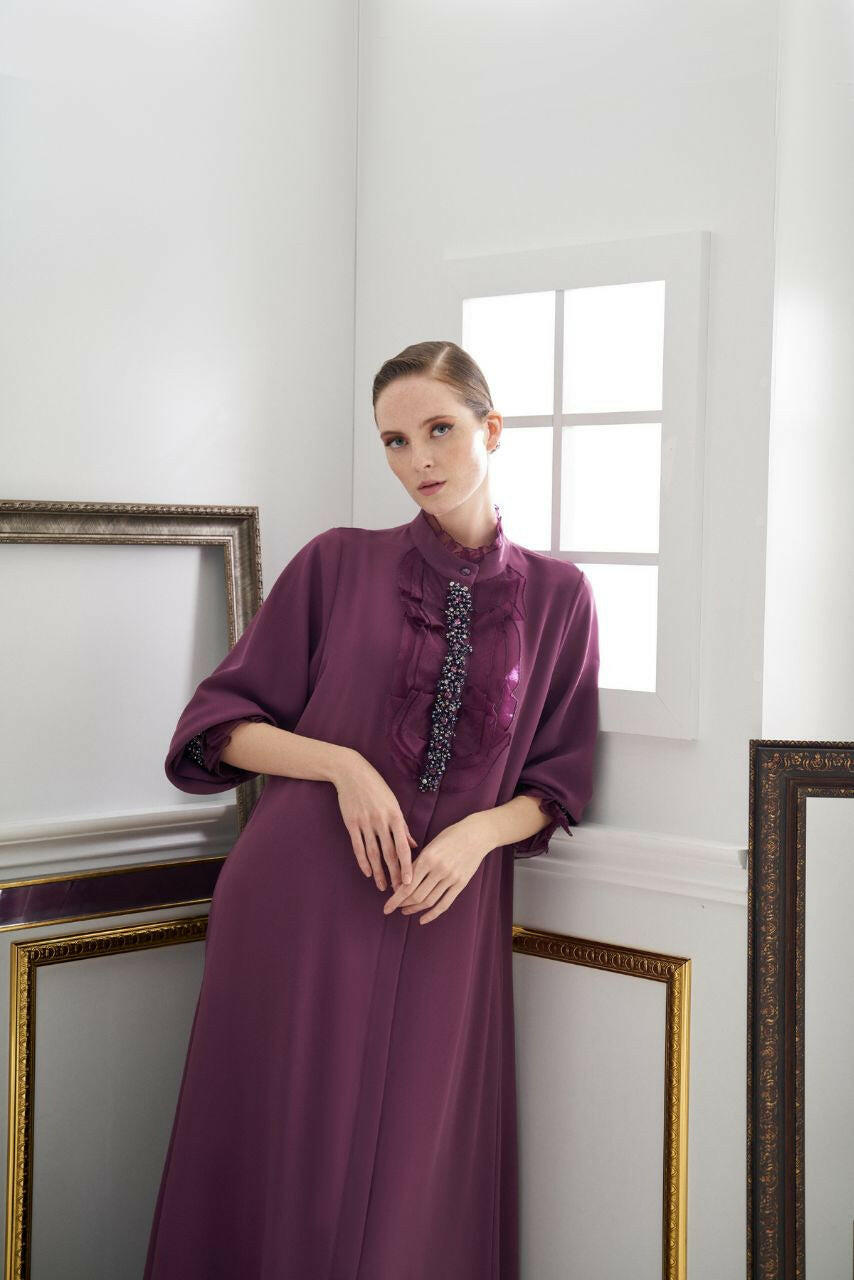 Muslim Women's Fashionable Emirati-Inspired Kaftan Abaya Kimono - Stylish, Modest, and Comfortable - Perfect for Ramadan, Eid, and Special Occasions Abaya By Baano 44 Purple Passion 