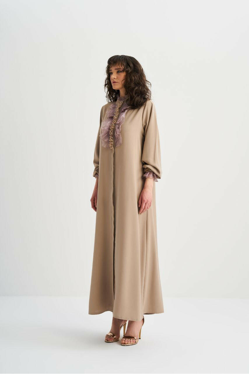 Muslim Women's Fashionable Emirati-Inspired Kaftan Abaya Kimono - Stylish, Modest, and Comfortable - Perfect for Ramadan, Eid, and Special Occasions Abaya By Baano 44 Beige Dune 