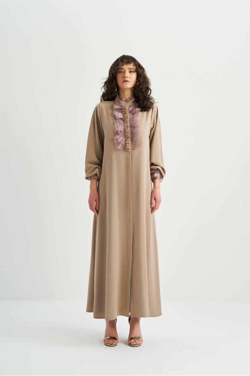 Muslim Women's Fashionable Emirati-Inspired Kaftan Abaya Kimono - Stylish, Modest, and Comfortable - Perfect for Ramadan, Eid, and Special Occasions Abaya By Baano 42 Beige Dune 