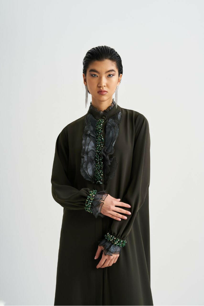 Muslim Women's Fashionable Emirati-Inspired Kaftan Abaya Kimono - Stylish, Modest, and Comfortable - Perfect for Ramadan, Eid, and Special Occasions Abaya By Baano 40 Arame Seaweed Green 