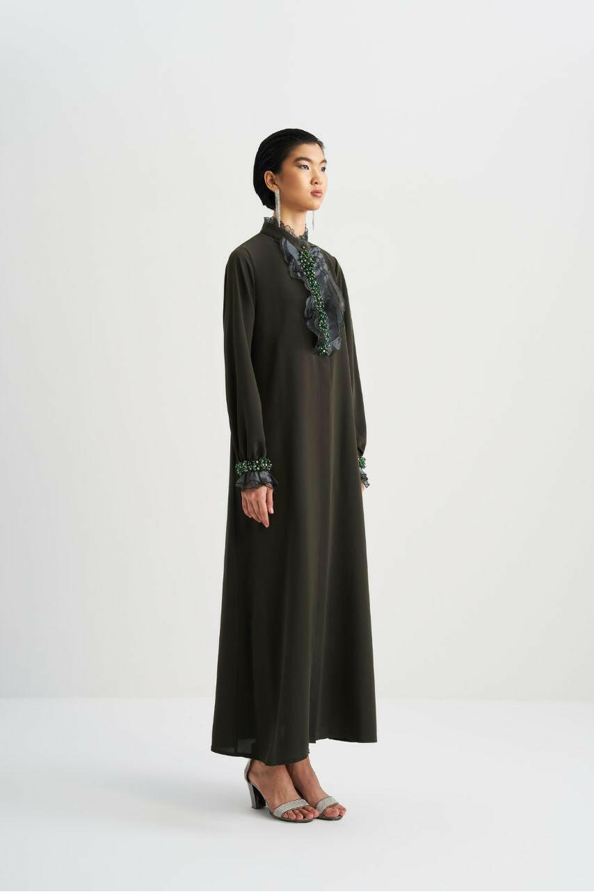 Muslim Women's Fashionable Emirati-Inspired Kaftan Abaya Kimono - Stylish, Modest, and Comfortable - Perfect for Ramadan, Eid, and Special Occasions Abaya By Baano 44 Arame Seaweed Green 