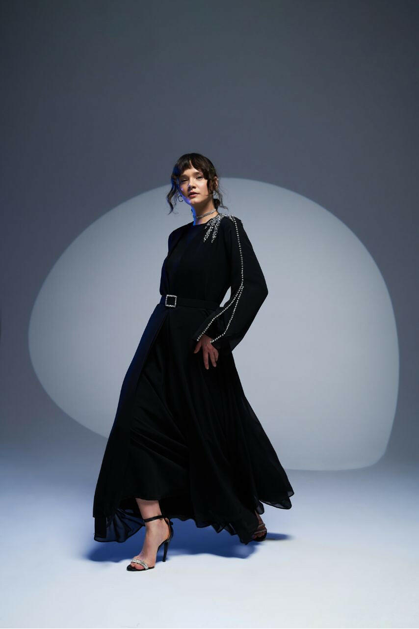 Black Open Abaya Belted Open Front and Sequins - By Baano