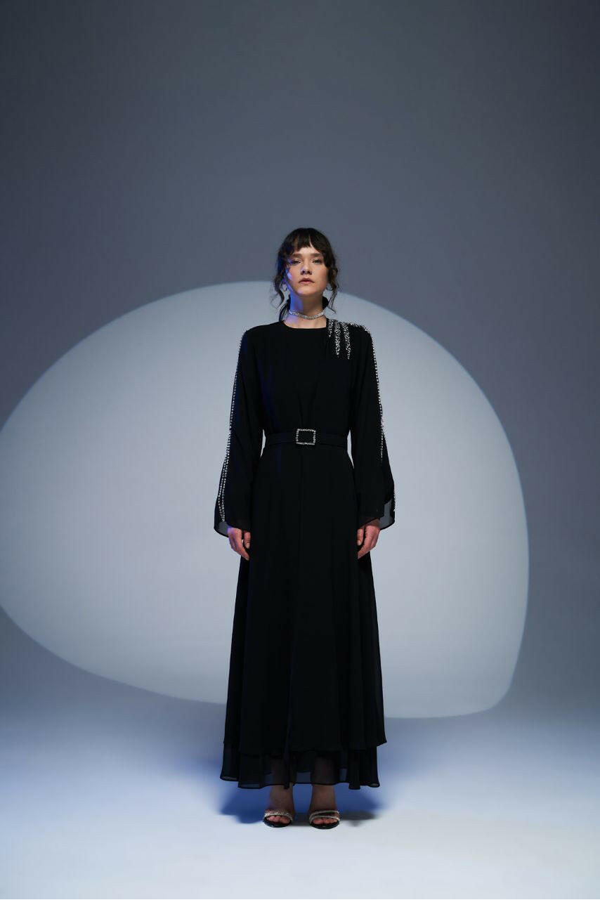 Black Open Abaya Belted Open Front and Sequins - By Baano