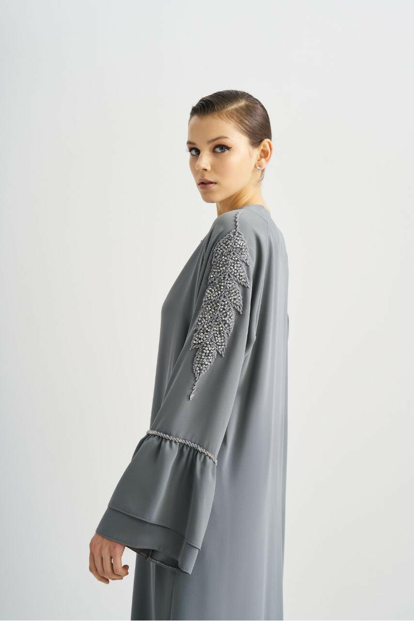 Gray Abaya With Deigned Sleeves - By Baano