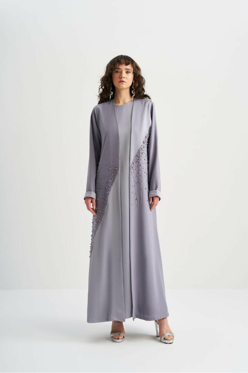 Open Front Decorated Abaya - Muslim Kimono for Women - Online Abaya for Women - Ramadan - Stylish - Modest Abaya By Baano 42 Heliotrope Gray 