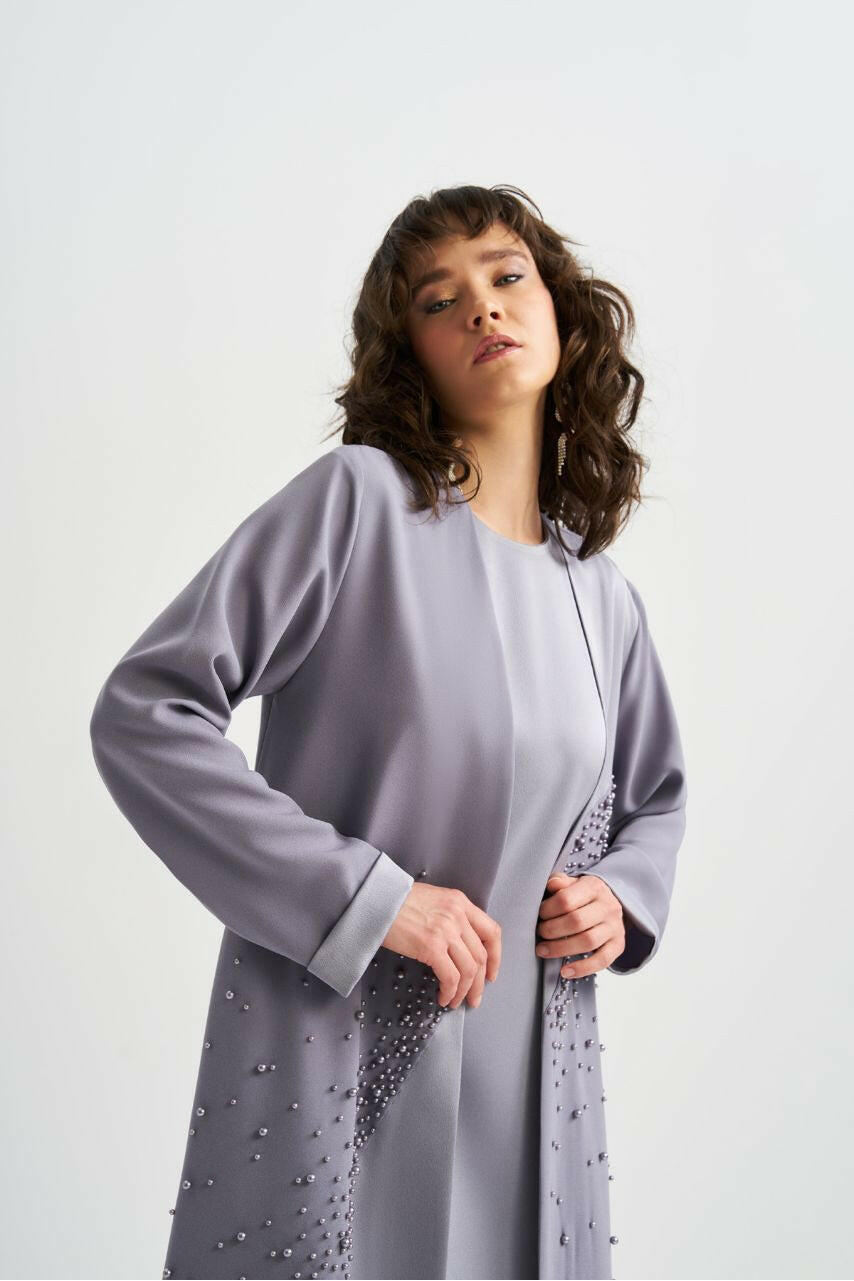 Open Front Decorated Abaya - Muslim Kimono for Women - Online Abaya for Women - Ramadan - Stylish - Modest Abaya By Baano 40 Heliotrope Gray 