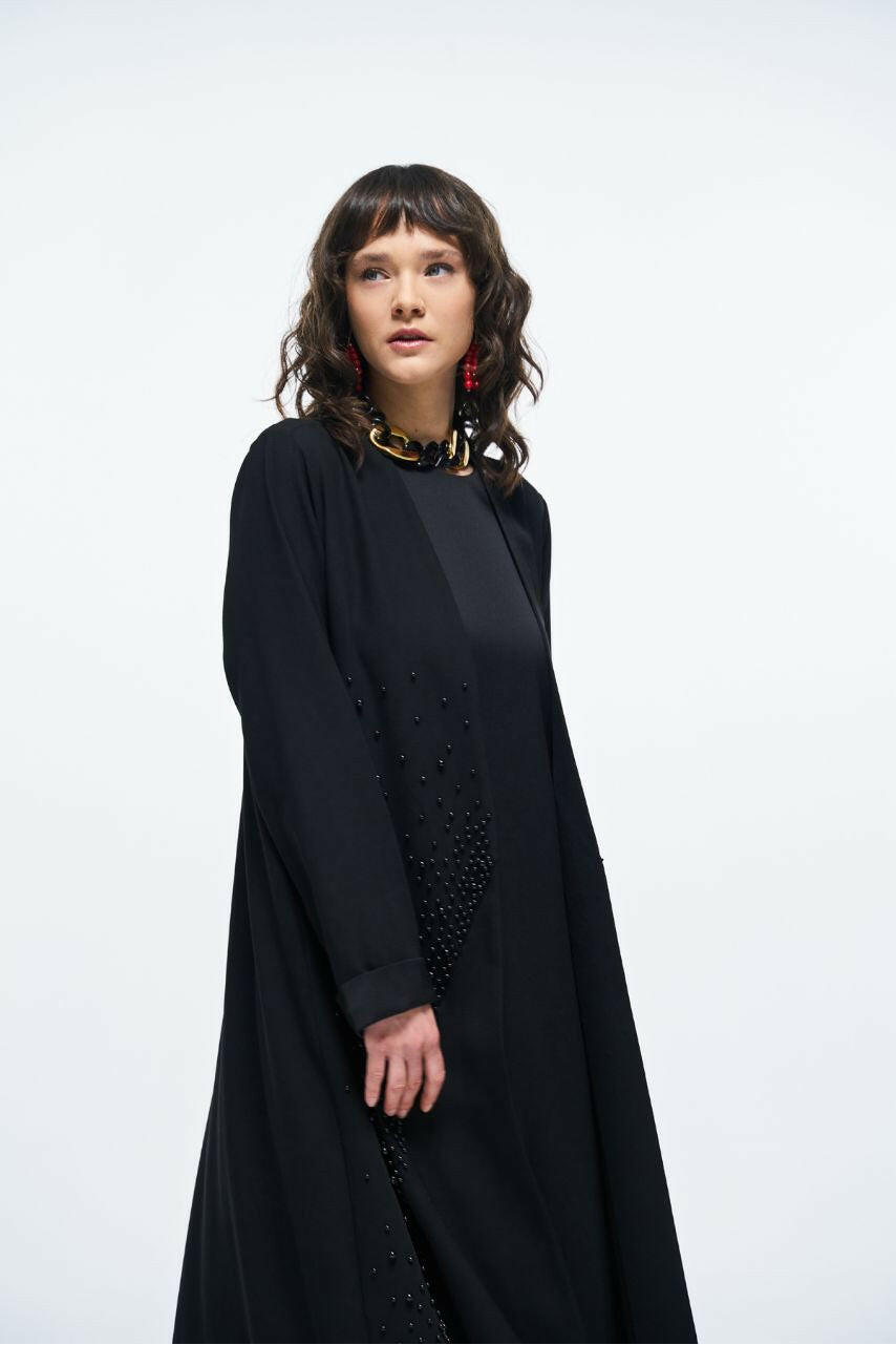 Open Front Decorated Abaya - Muslim Kimono for Women - Online Abaya for Women - Ramadan - Stylish - Modest Abaya By Baano 44 Black 