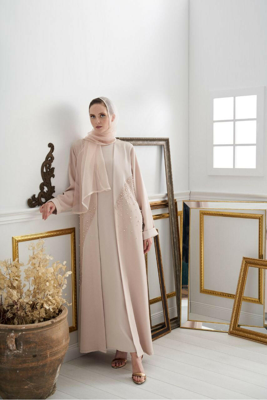Open Front Decorated Abaya - Muslim Kimono for Women - Online Abaya for Women - Ramadan - Stylish - Modest Abaya By Baano 46 Almond Pink 