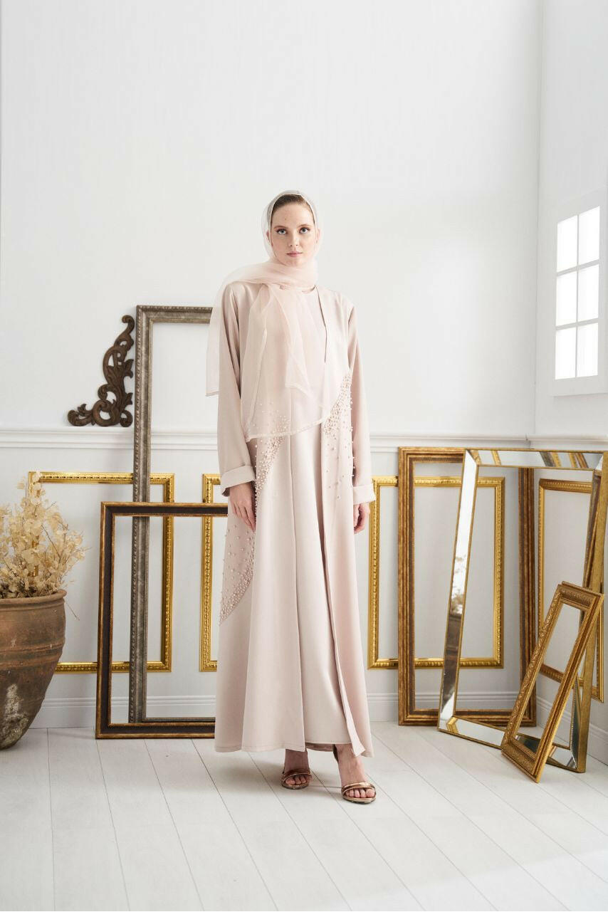 Open Front Decorated Abaya - Muslim Kimono for Women - Online Abaya for Women - Ramadan - Stylish - Modest Abaya By Baano 40 Almond Pink 