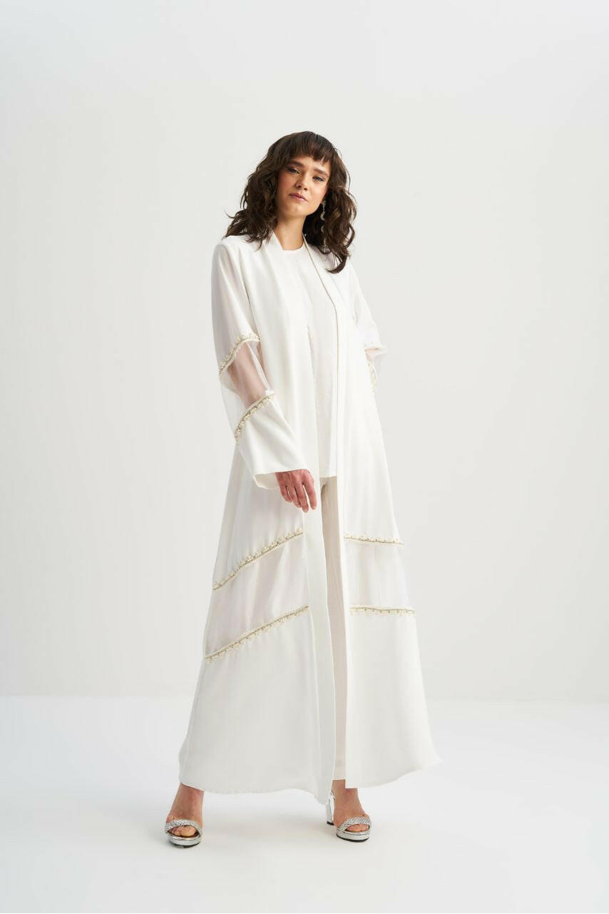 Women Abaya - Kimono embellished Design - Traditional Muslim Clothing for Women - Ramadan Collection Abaya By Baano 40 White 