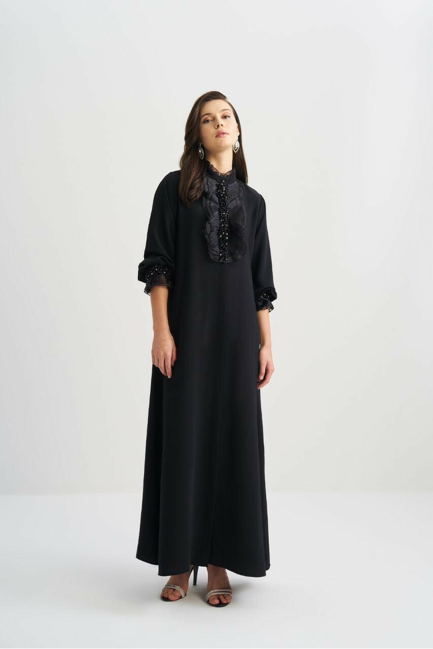 Muslim Women's Fashionable Emirati-Inspired Kaftan Abaya Kimono - Stylish, Modest, and Comfortable - Perfect for Ramadan, Eid, and Special Occasions Abaya By Baano 44 Black 