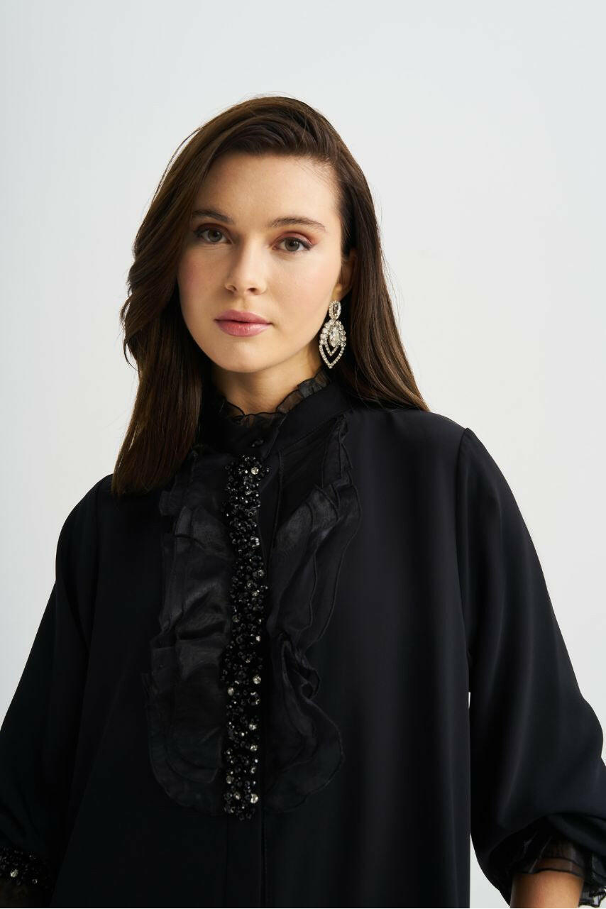 Muslim Women's Fashionable Emirati-Inspired Kaftan Abaya Kimono - Stylish, Modest, and Comfortable - Perfect for Ramadan, Eid, and Special Occasions Abaya By Baano 40 Black 