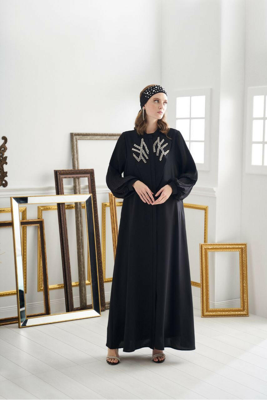 Front Designed Pleated Sleeve Abaya - Dressy, Elegant and Modest Islamic Clothing for Women Abaya & Kaftan By Baano 44 Fashionista Black 