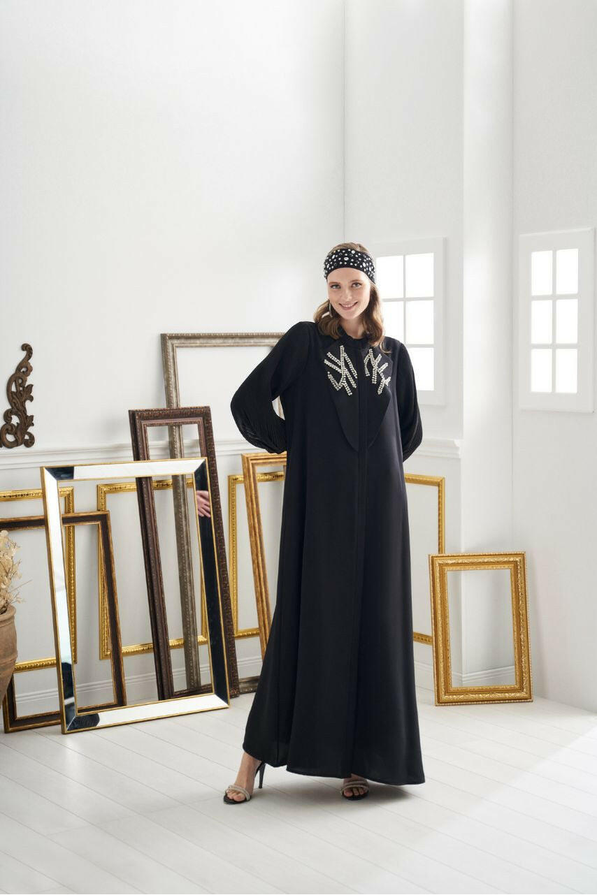 Front Designed Pleated Sleeve Abaya - Dressy, Elegant and Modest Islamic Clothing for Women Abaya & Kaftan By Baano 42 Fashionista Black 