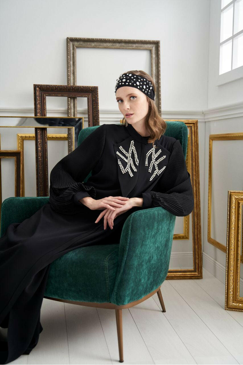 Front Designed Pleated Sleeve Abaya - Dressy, Elegant and Modest Islamic Clothing for Women Abaya & Kaftan By Baano 40 Fashionista Black 