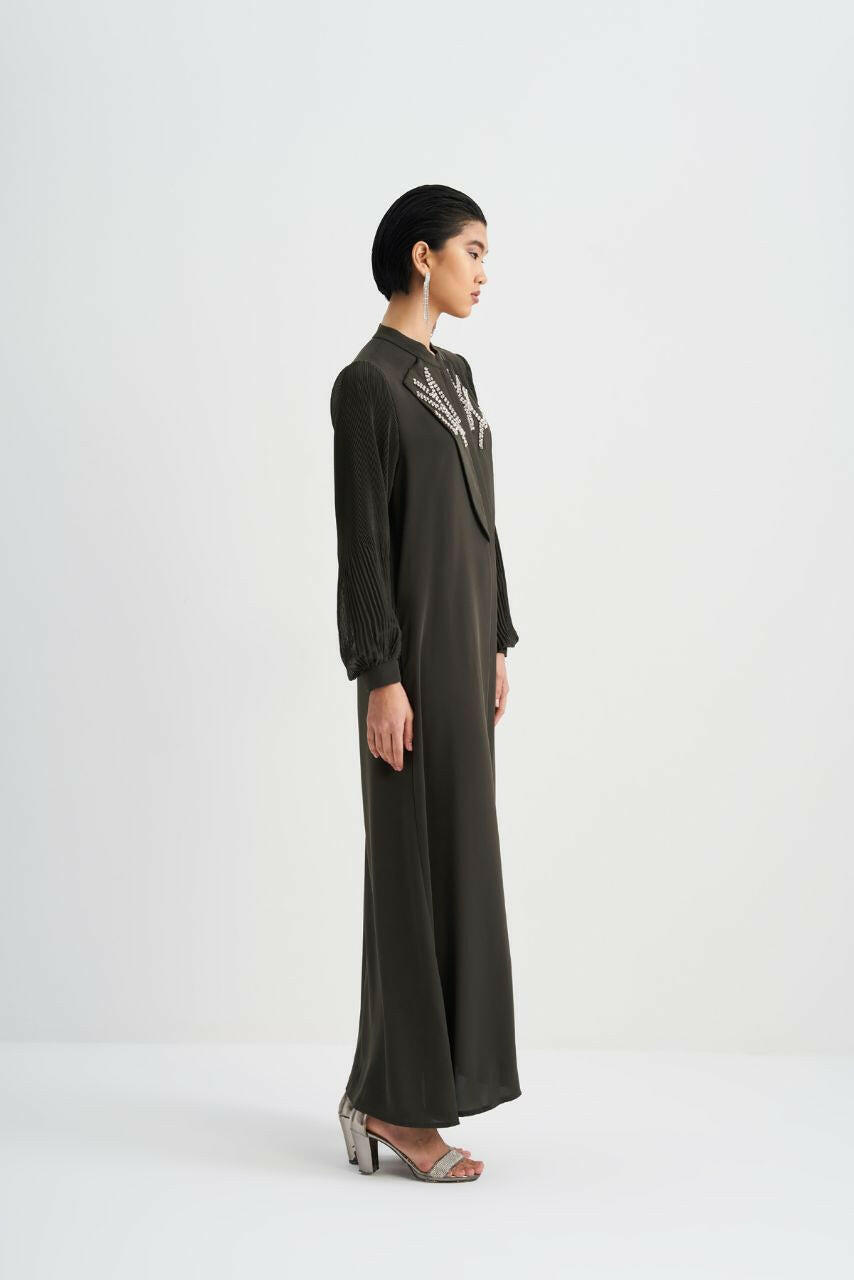 Front Designed Pleated Sleeve Abaya - Dressy, Elegant and Modest Islamic Clothing for Women Abaya & Kaftan By Baano 44 Olive Tree 