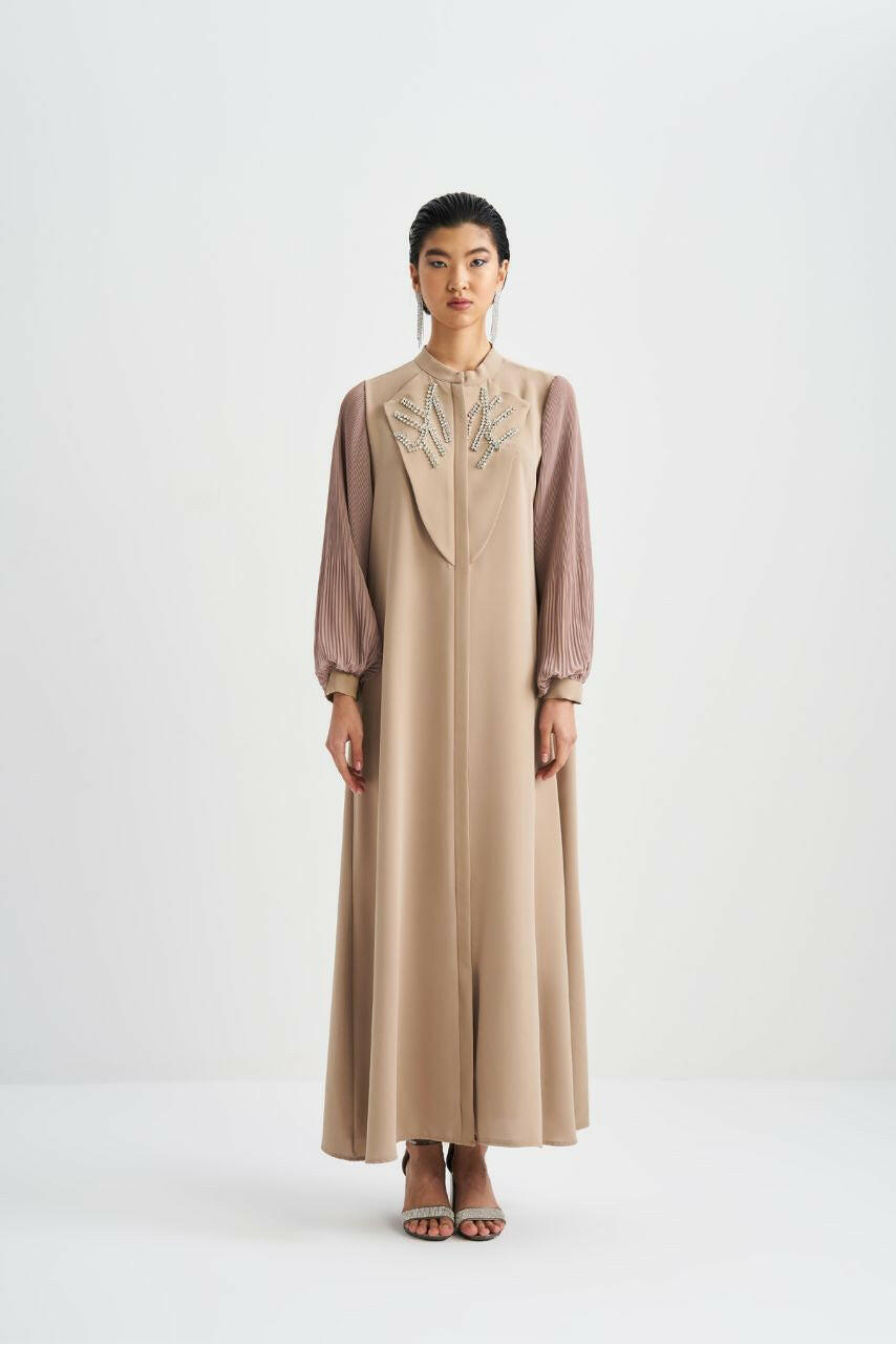 Front Designed Pleated Sleeve Abaya - Dressy, Elegant and Modest Islamic Clothing for Women Abaya & Kaftan By Baano 44 True Beige 