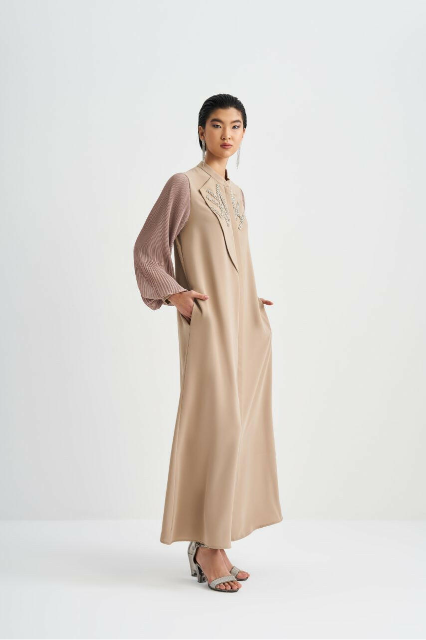 Front Designed Pleated Sleeve Abaya - Dressy, Elegant and Modest Islamic Clothing for Women Abaya & Kaftan By Baano 42 True Beige 
