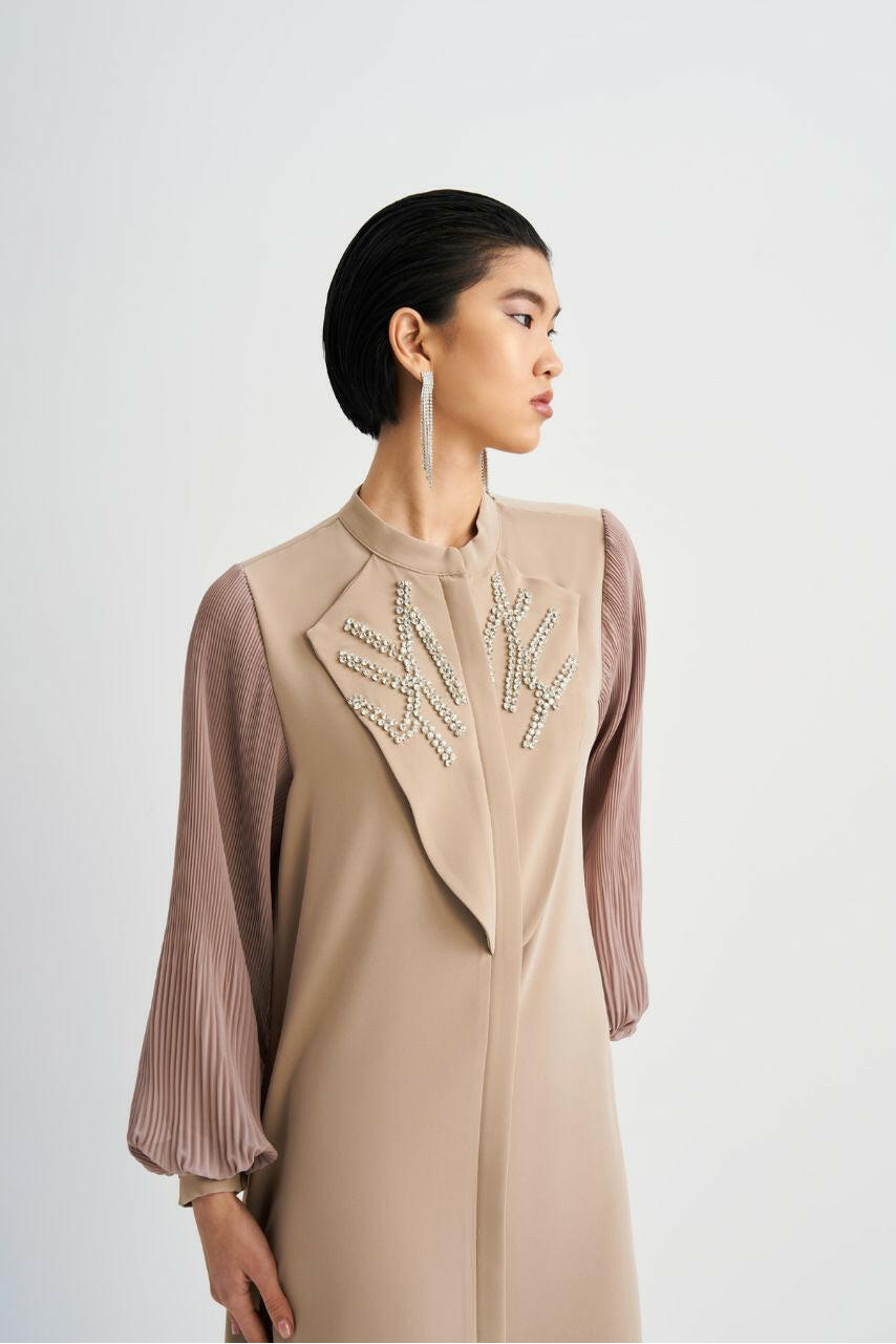 Front Designed Pleated Sleeve Abaya - Dressy, Elegant and Modest Islamic Clothing for Women Abaya & Kaftan By Baano 40 True Beige 