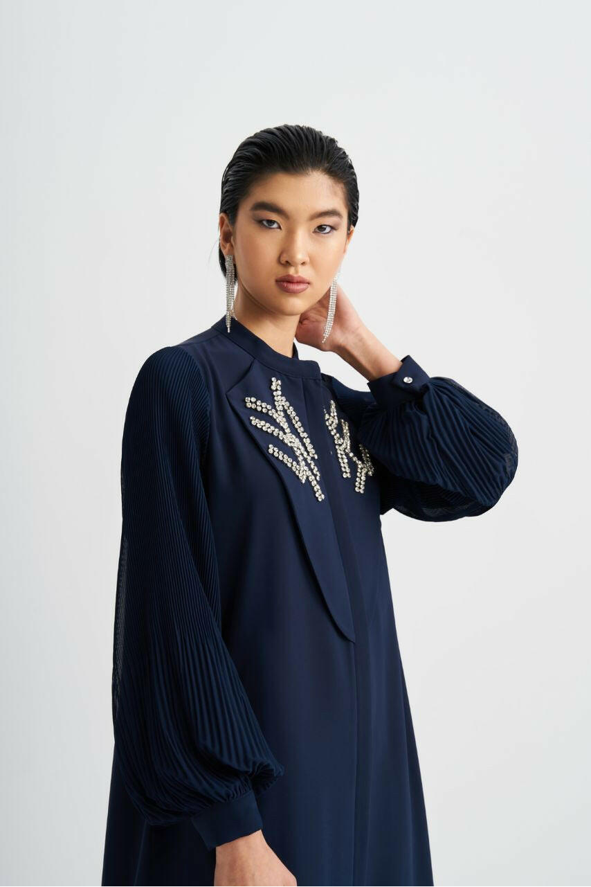 Front Designed Pleated Sleeve Abaya - Dressy, Elegant and Modest Islamic Clothing for Women Abaya & Kaftan By Baano 40 Blue Pot 