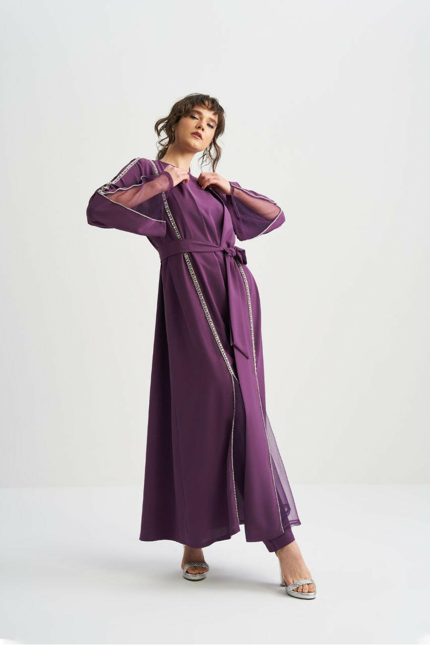 Women's Islamic Wedding Abaya - Gorgeous Details' - Embellished SHEER Abaya - Long Sleeves Abaya & Kaftan By Baano 40 Purple 