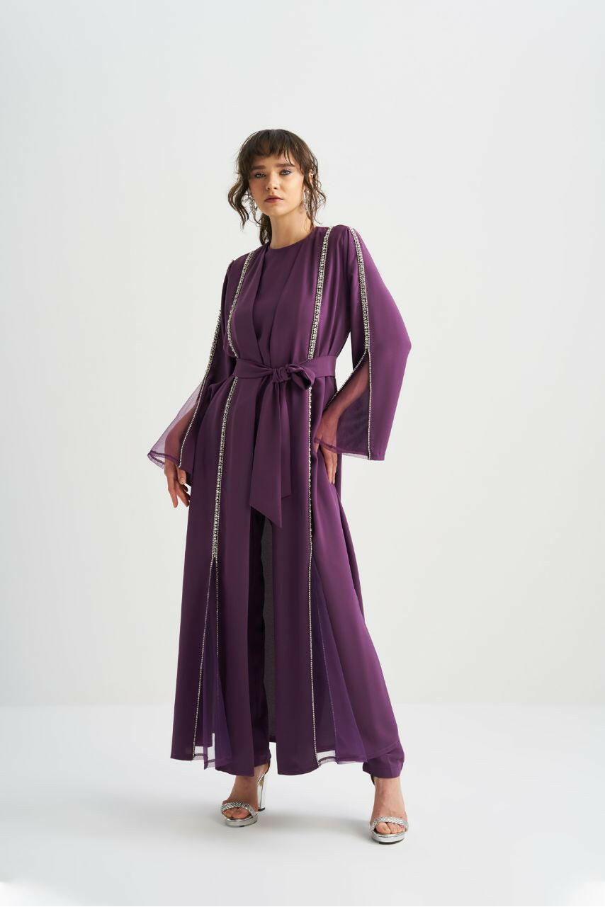 Women's Islamic Wedding Abaya - Gorgeous Details' - Embellished SHEER Abaya - Long Sleeves Abaya & Kaftan By Baano 44 Purple 