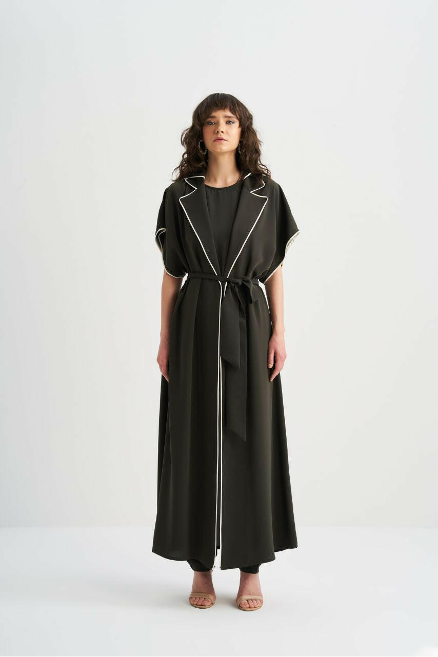 Hooded Open Front Abaya with Lapel Collar and Belt Abaya & Kaftan By Baano 42 Olive 