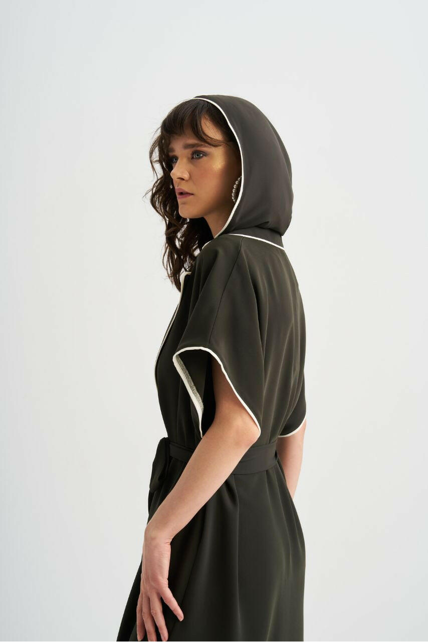 Hooded Open Front Abaya with Lapel Collar and Belt Abaya & Kaftan By Baano 40 Olive 
