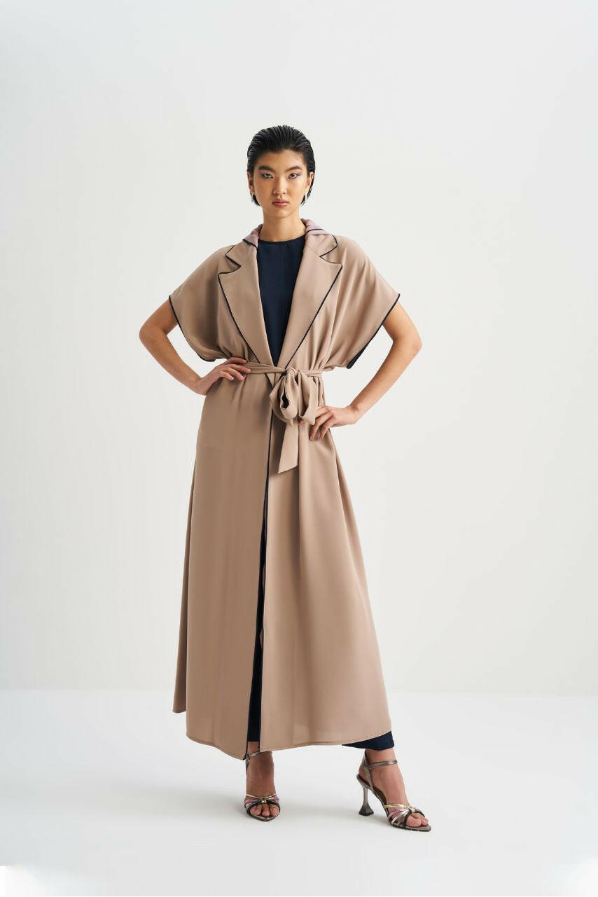 Hooded Open Front Abaya with Lapel Collar and Belt - By Baano