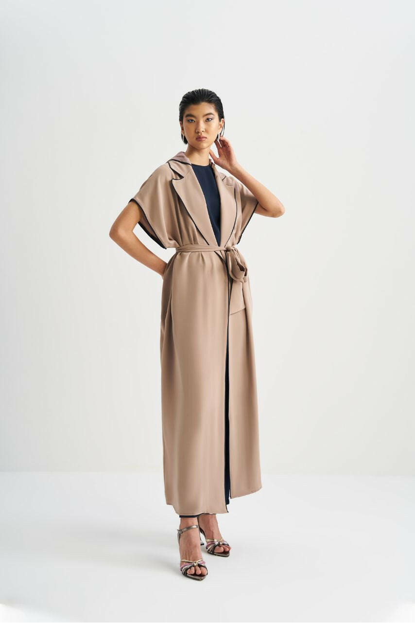 Hooded Open Front Abaya with Lapel Collar and Belt - By Baano