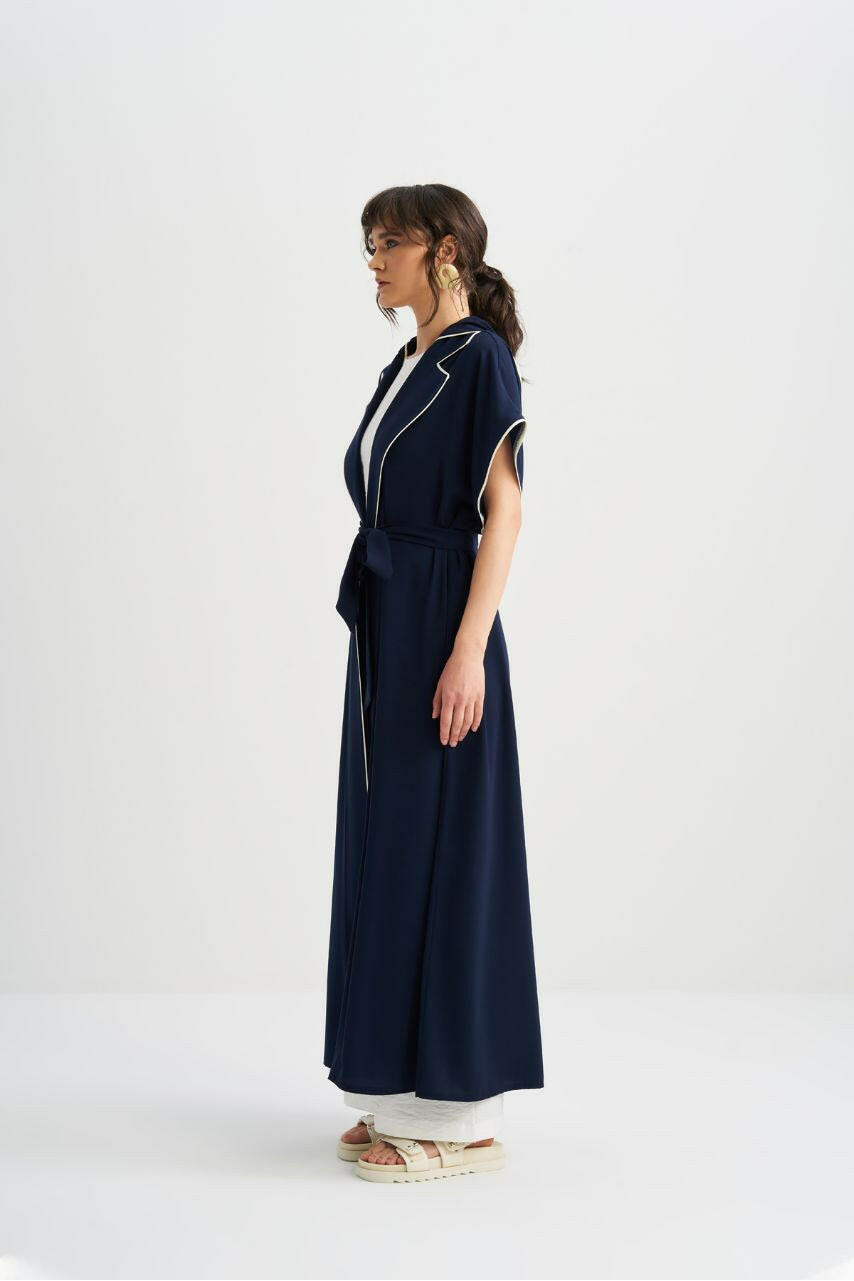 Hooded Open Front Abaya with Lapel Collar and Belt Abaya & Kaftan By Baano 42 Blue 
