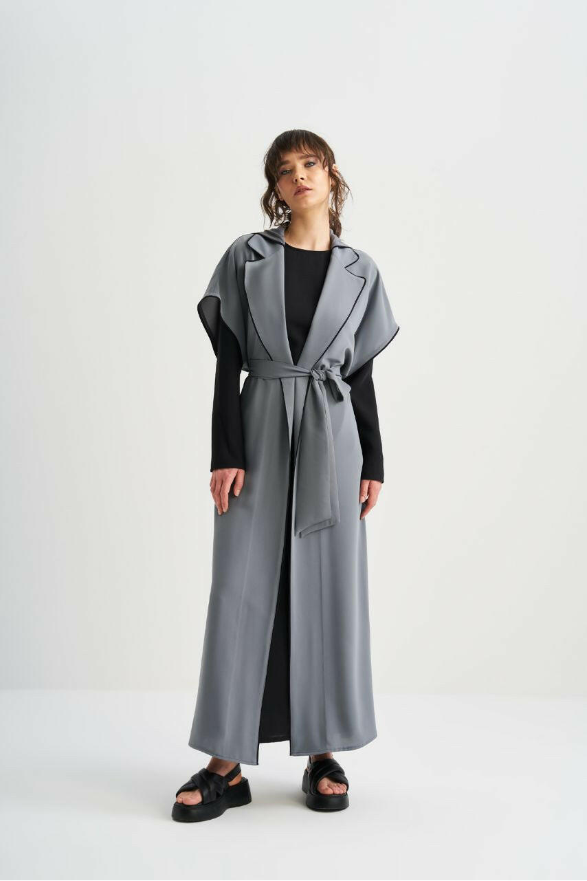 Hooded Open Front Abaya with Lapel Collar and Belt Abaya & Kaftan By Baano 40 Gray 