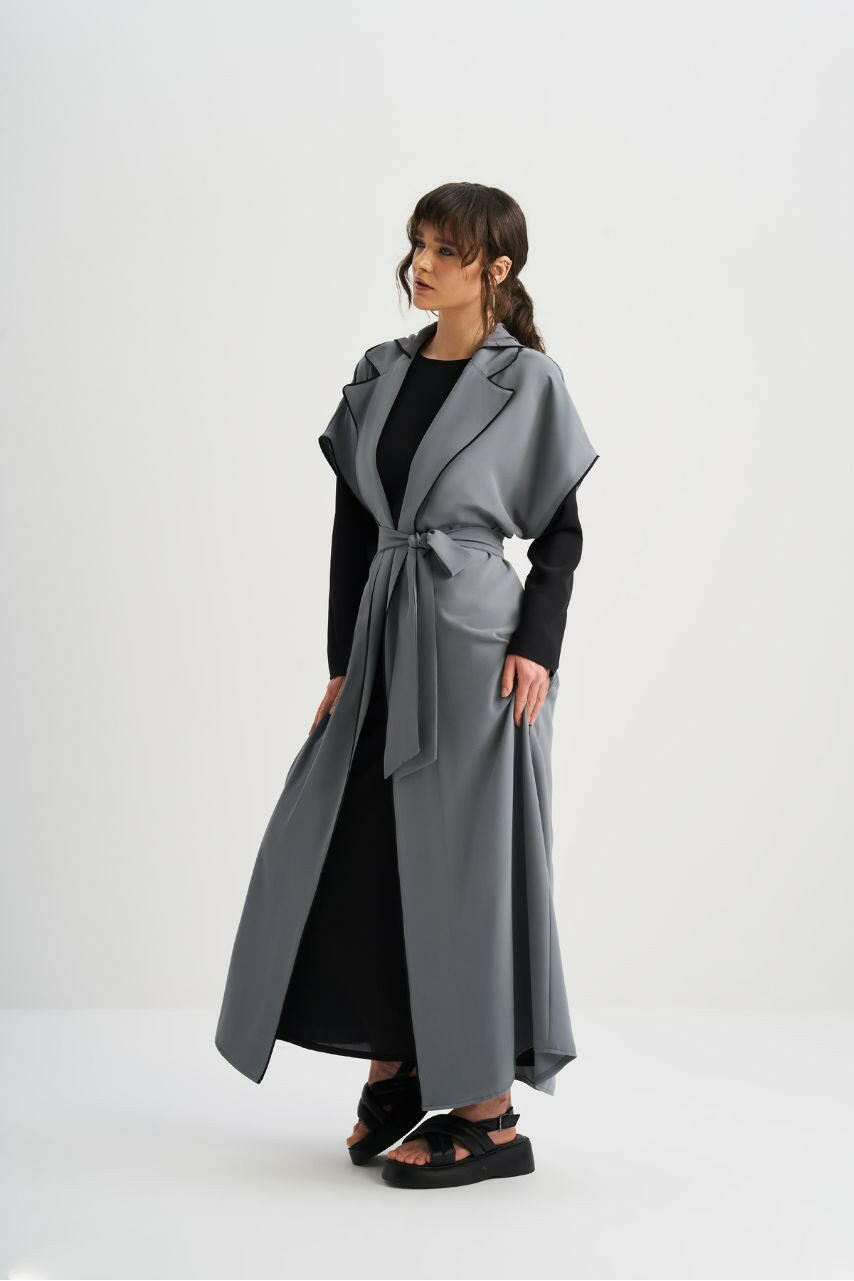 Hooded Open Front Abaya with Lapel Collar and Belt Abaya & Kaftan By Baano 42 Gray 