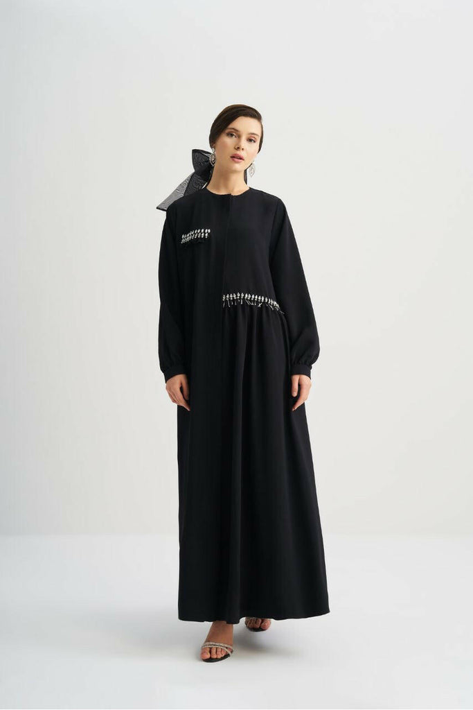 Beautiful Open Abaya for Women, Handcrafted with Elegant Embellished Beats, Long Sleeved Abaya By Baano 44 Black 