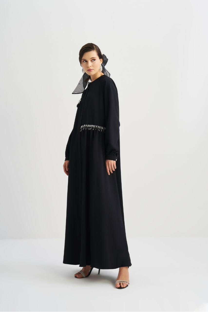Beautiful Open Abaya for Women, Handcrafted with Elegant Embellished Beats, Long Sleeved Abaya By Baano 42 Black 