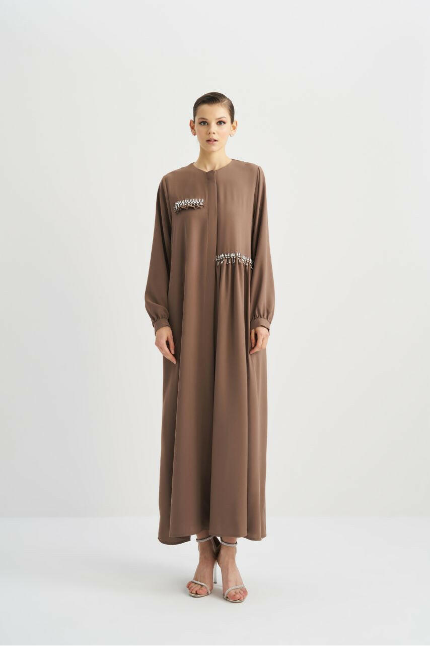 Beautiful Open Abaya for Women, Handcrafted with Elegant Embellished Beats, Long Sleeved Abaya By Baano 44 Brown Hair 