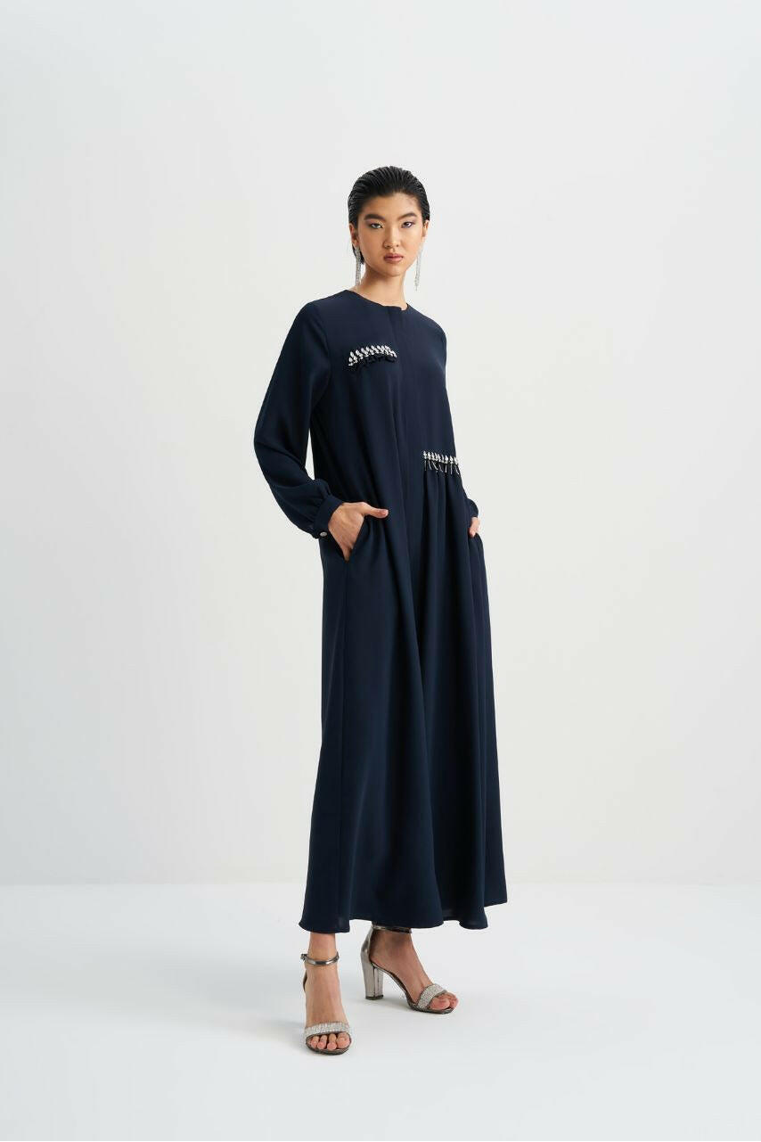 Beautiful Open Abaya for Women, Handcrafted with Elegant Embellished Beats, Long Sleeved Abaya By Baano 42 Midnight Blue 