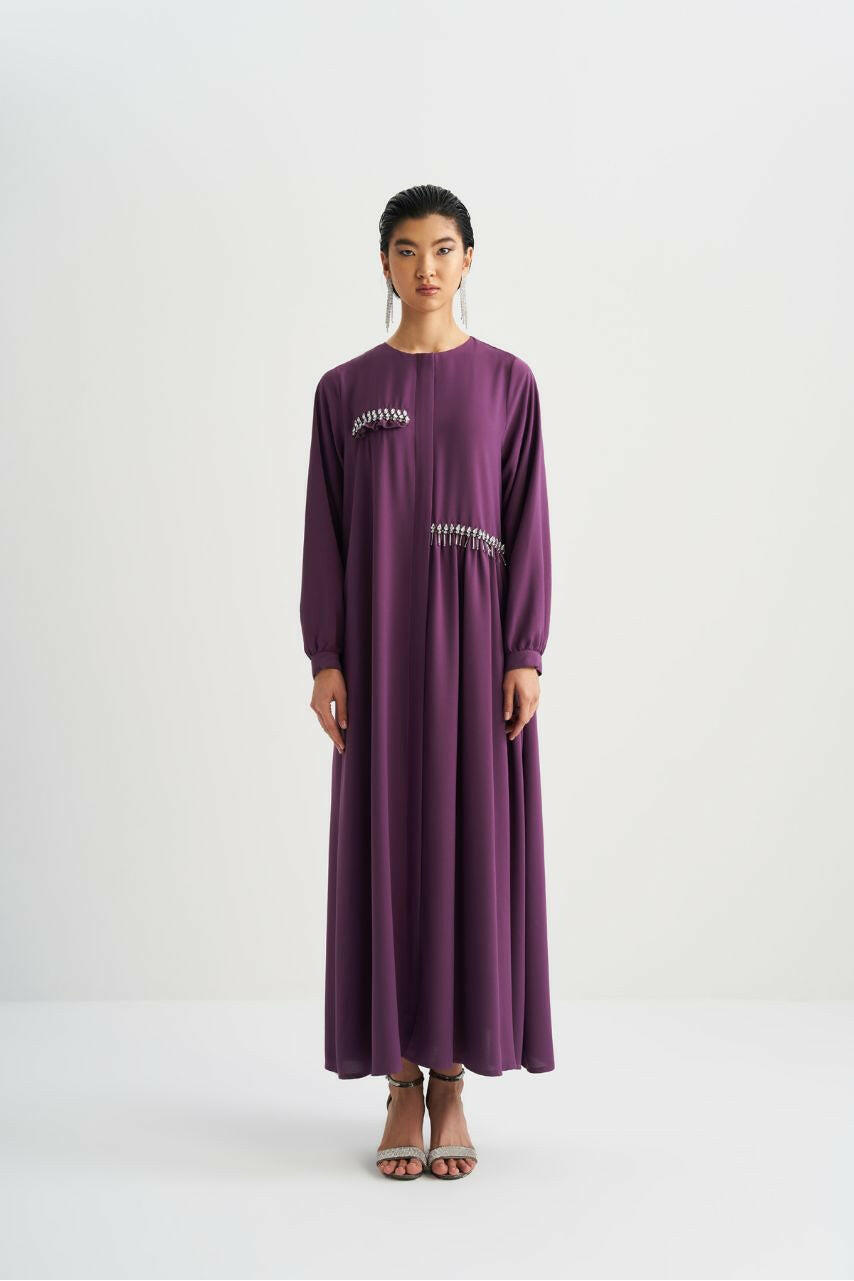 Beautiful Open Abaya for Women, Handcrafted with Elegant Embellished Beats, Long Sleeved Abaya By Baano 42 Purple Passion 