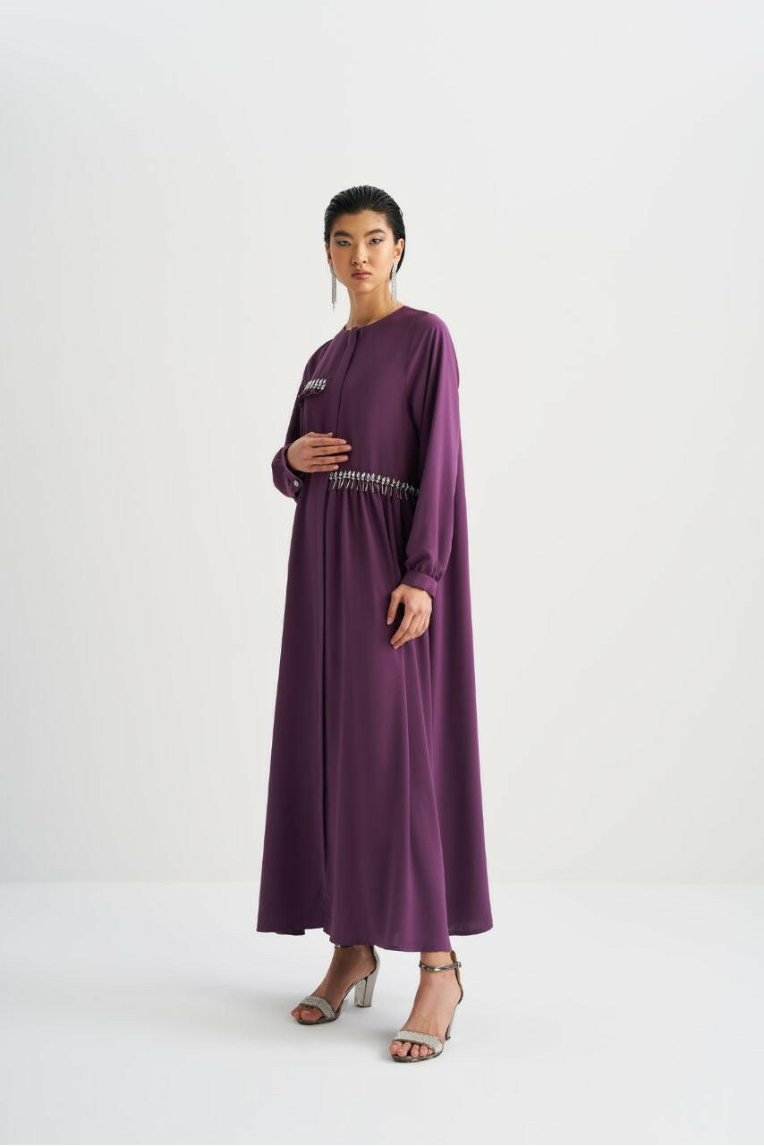 Beautiful Open Abaya for Women, Handcrafted with Elegant Embellished Beats, Long Sleeved Abaya By Baano 44 Purple Passion 