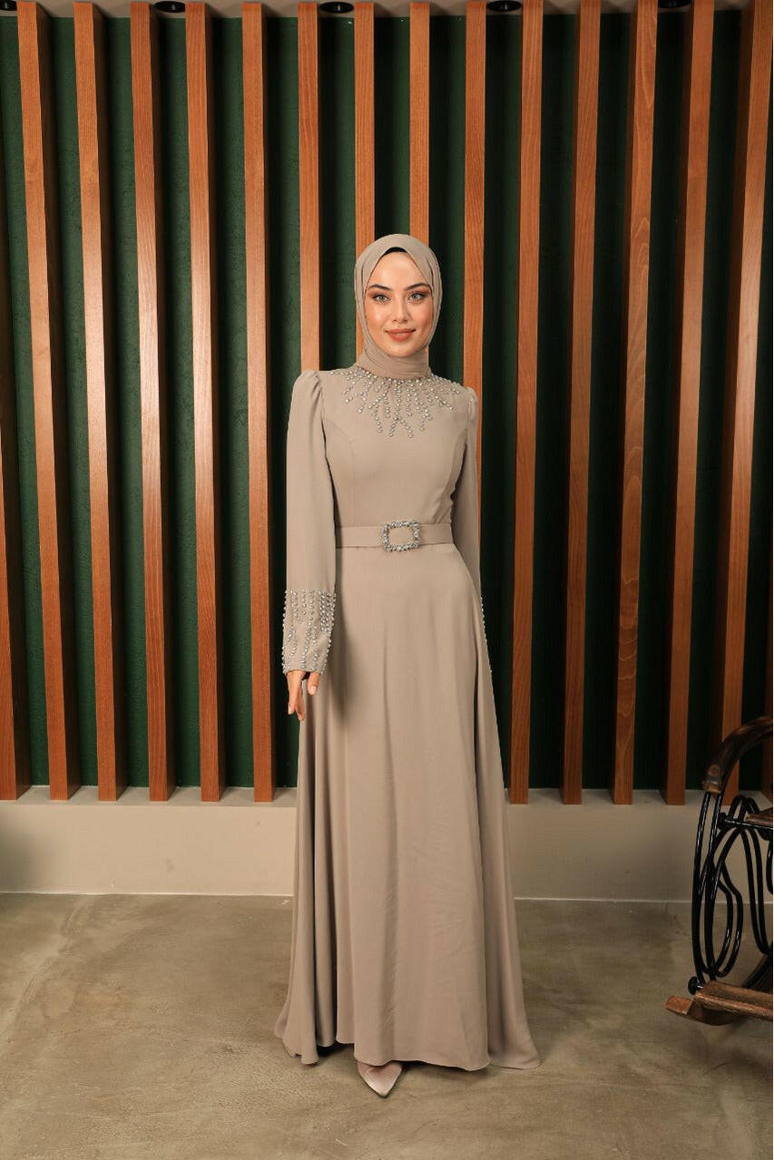 Women's Black Abaya with Rhinestones - Elegant Islamic Clothing for Special Occasions Abaya & Kaftan By Baano 42 Beige 