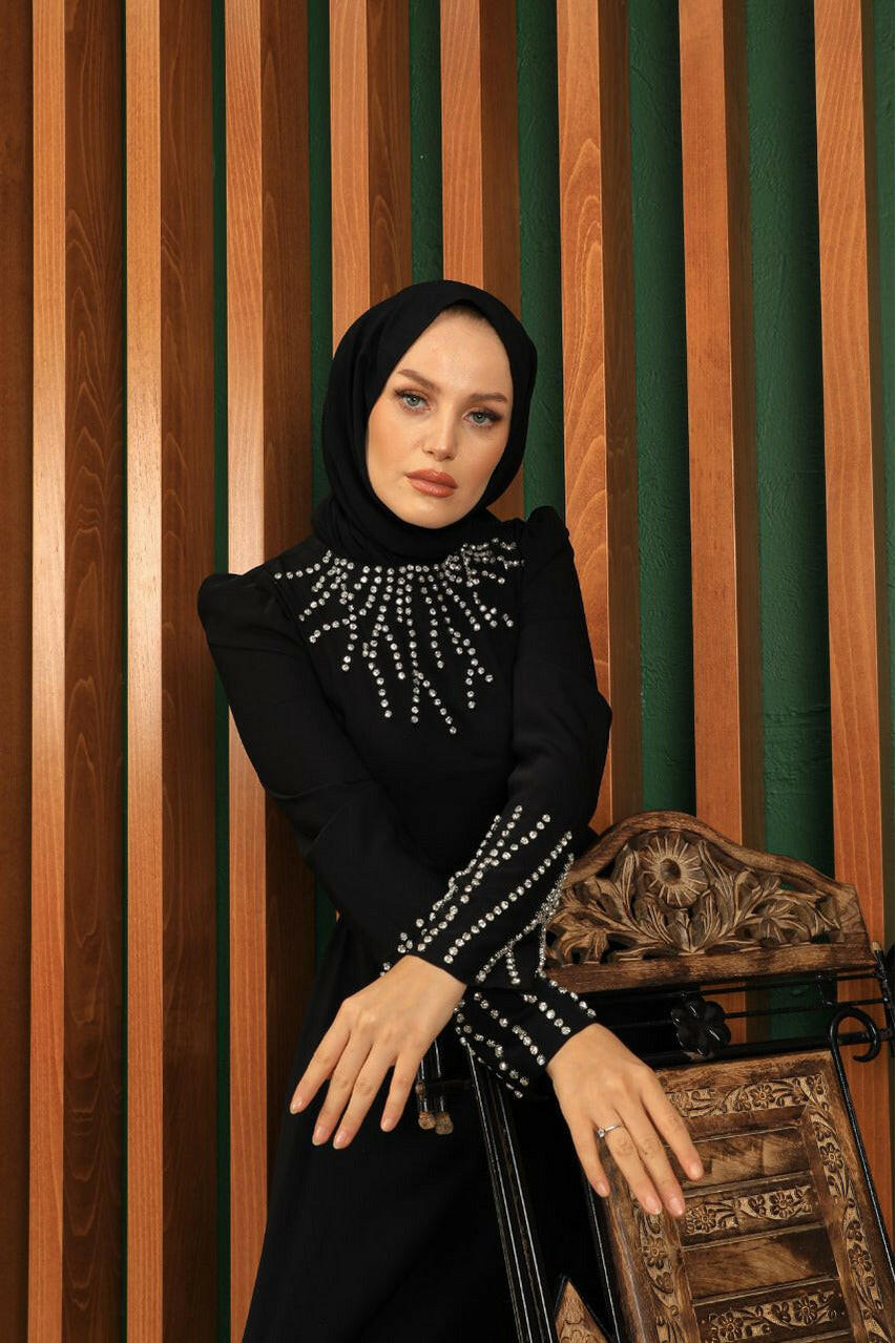 Women's Black Abaya with Rhinestones - Elegant Islamic Clothing for Special Occasions Abaya & Kaftan By Baano 38 Black 