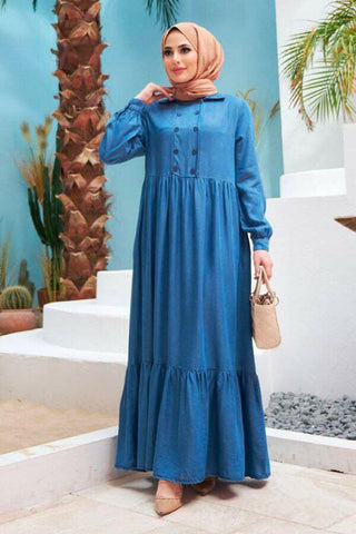 Button Front Designed Long Maxi Dress - In Soft Cotton Denim with Long Sleeves - By Baano